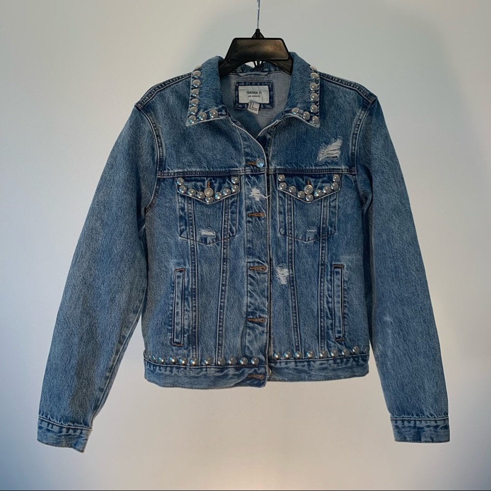 Unique Jean jacket Forever 21 Distressed Blue Jean Jacket with silver studs